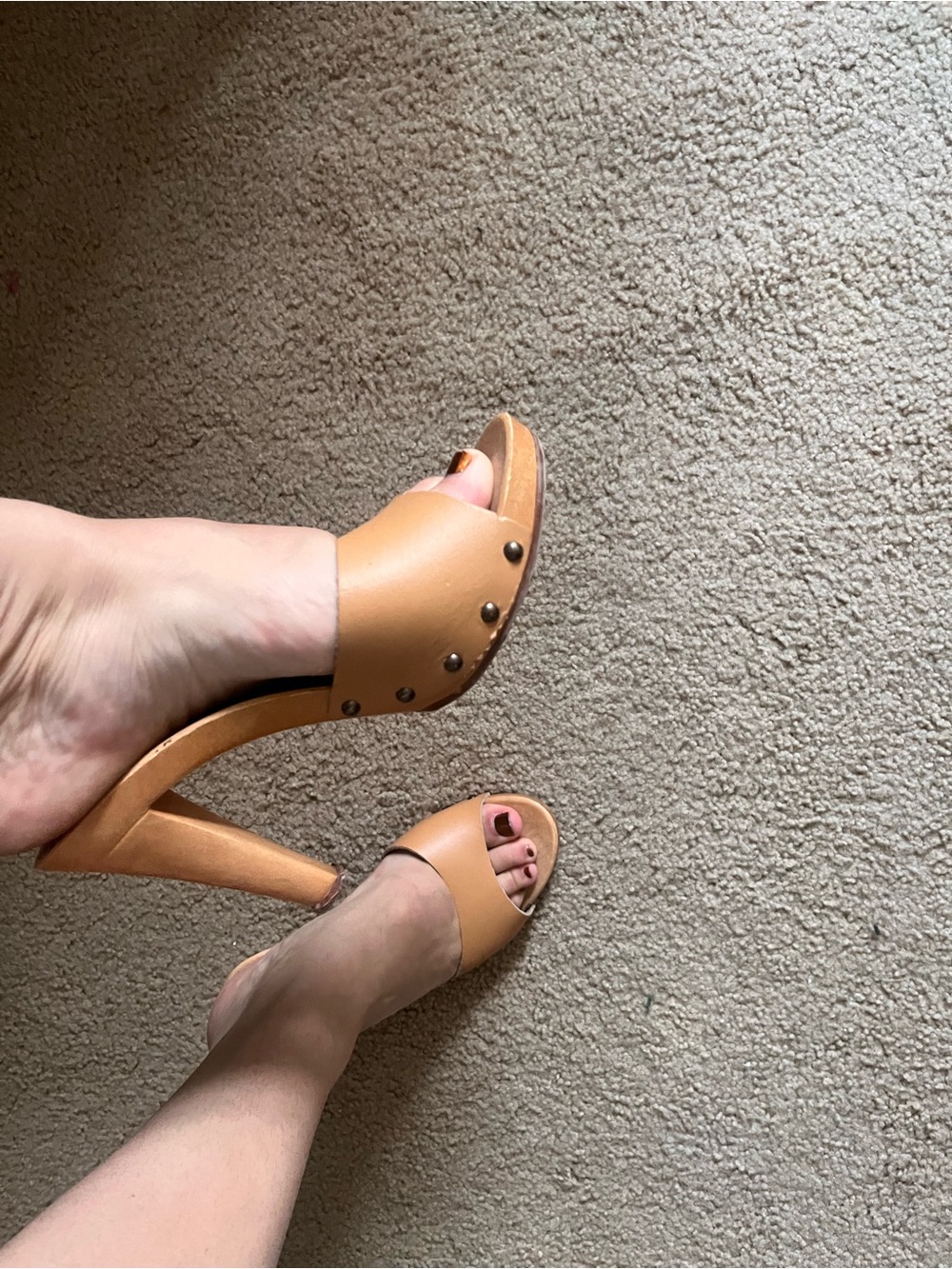 Candie's Tan Open-Toe High Heel Slide with Stud Accents